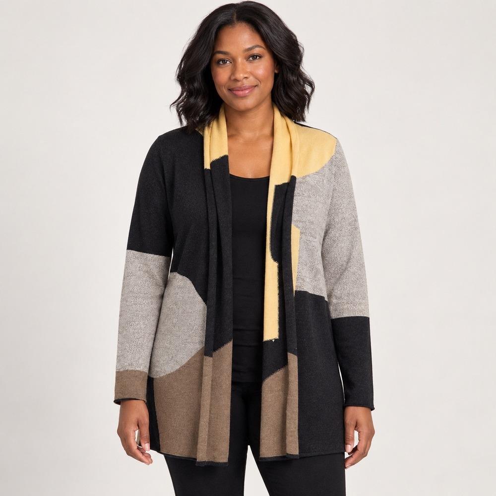 NIC+ZOE Women's S Colorblock Open Front Cardigan Sweater Jacket Mustard Gray